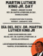 Poster announcing Martin Luther King Jr. Day on January 20, 2025, with schools closed. Features text in English and Spanish, plus an illustration of MLK.