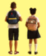 Two children with backpacks stand facing away against a yellow background. One wears shorts; the other, a skirt and knee-high socks.